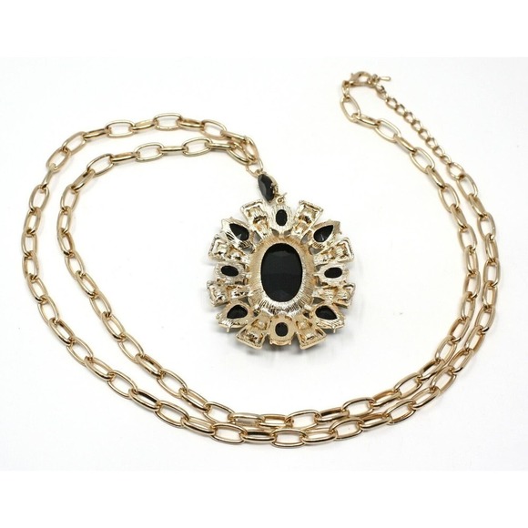 Vintage Black Statement Pendant Necklace Chunky Rhinestone 38" Chain - Hey Viv - Picture 3 of 4
